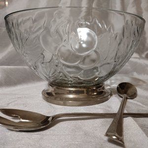 Vintage Grape & Leaf Etched Glass Salad Bowl